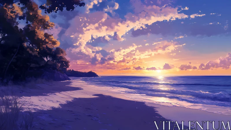 Serene digital seascape with glowing sunset horizon.