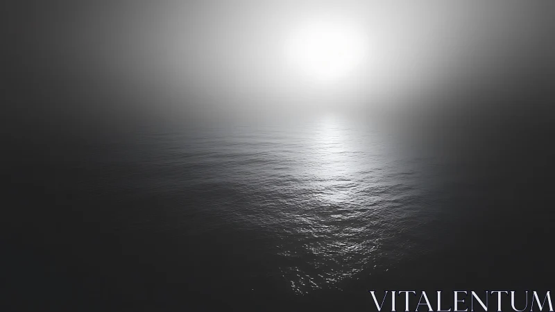 Monochrome ocean horizon glows softly through dense mist