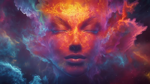 Nebula dream visage dissolving into cosmic firestorm.