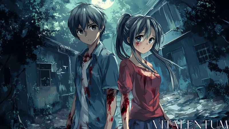 Bloodstained anime teens in moonlit abandoned courtyard scene.