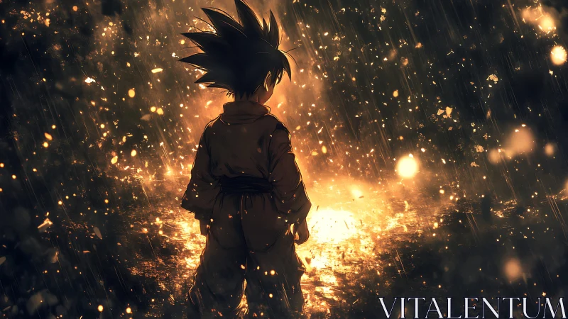 Silhouetted child figure in rainlit ground reflection scene.