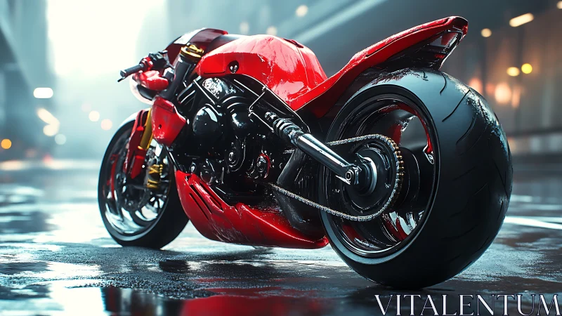 High-gloss red sport motorcycle with wet street surface reflections
