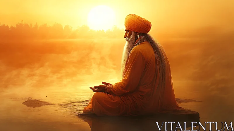 Golden sunrise meditation by a still, misty riverside.