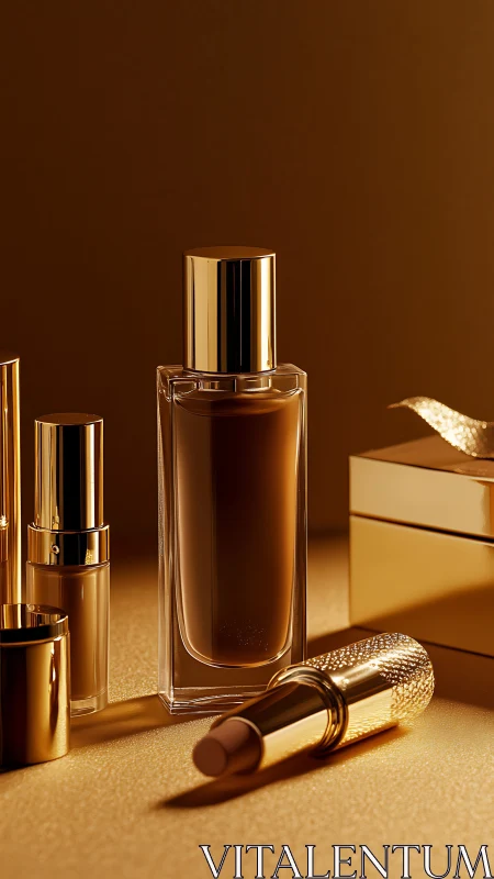 Cosmetic containers arranged on reflective golden surface.