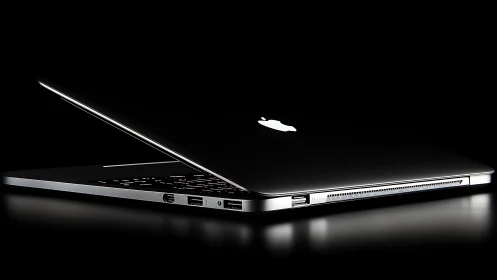 Partially closed laptop angled on reflective black surface