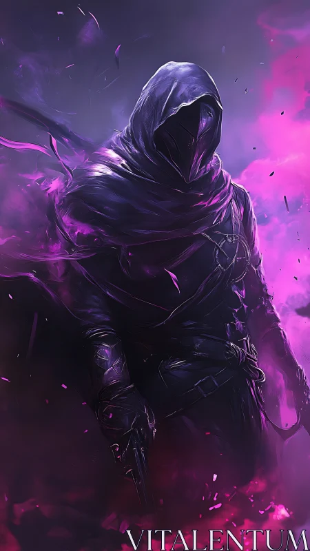 Void-clad rogue strides through shattering violet tempest.