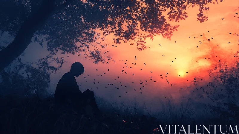 Silhouetted figure contemplates under trees at bi-chromatic dusk