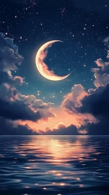 Crescent moon hangs above reflective ocean at colorful dusk.