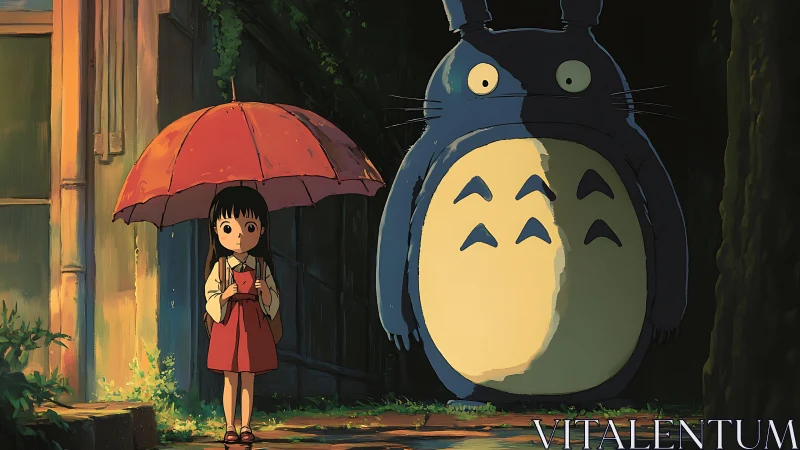 Girl with red umbrella beside large forest creature.