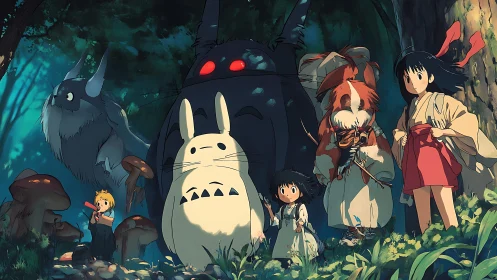 Ensemble of forest spirits and children rendered in high-key anime lighting