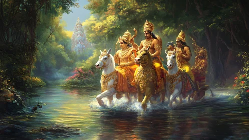 Divine riders surge through emerald river toward shining temple.
