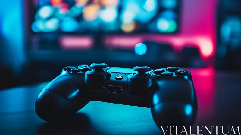Game controller in neon-lit gaming setup uses shallow focus