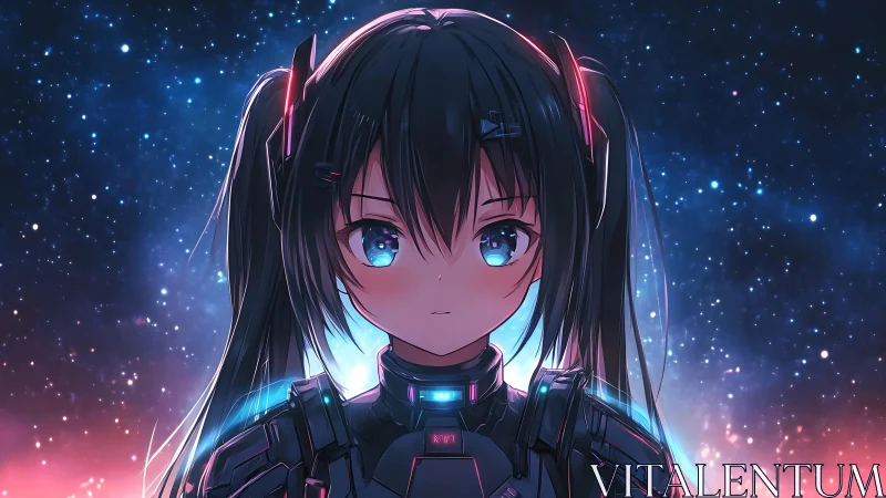 Cybernetic anime girl stares forward against glowing starscape