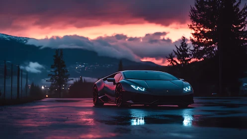 Midnight supercar poised beneath a glowing mountain sky.