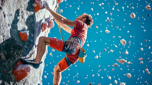 Rock climber scales colorful wall under vivid blue sky.