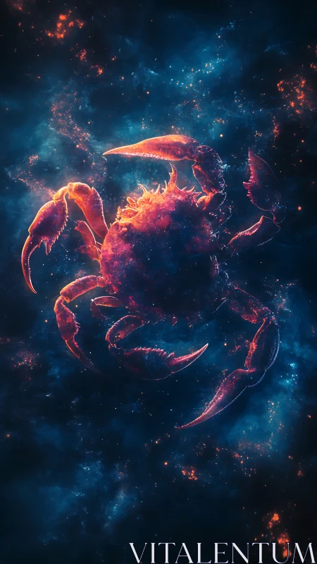 Cosmic crab silhouette glowing in deep blue nebula field.