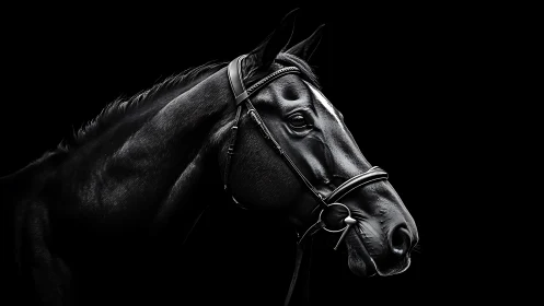 Black horse portrait in bridle on deep black background.