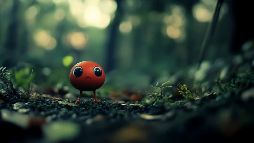 Small red creature stands alone in misty forest floor