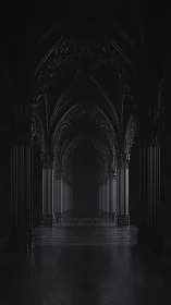 Gothic vaulted corridor rendered in monochrome digital chiaroscuro