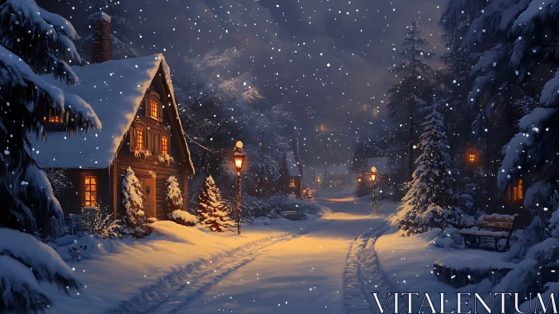 Snowy village street with cozy cottage and warm lights.