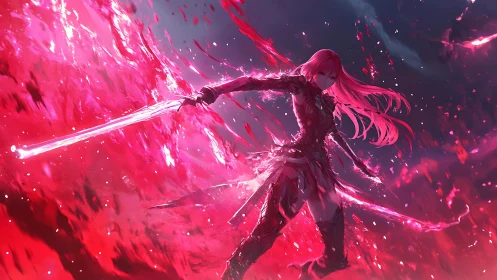 Armored female swordsman amid red energy surge field.