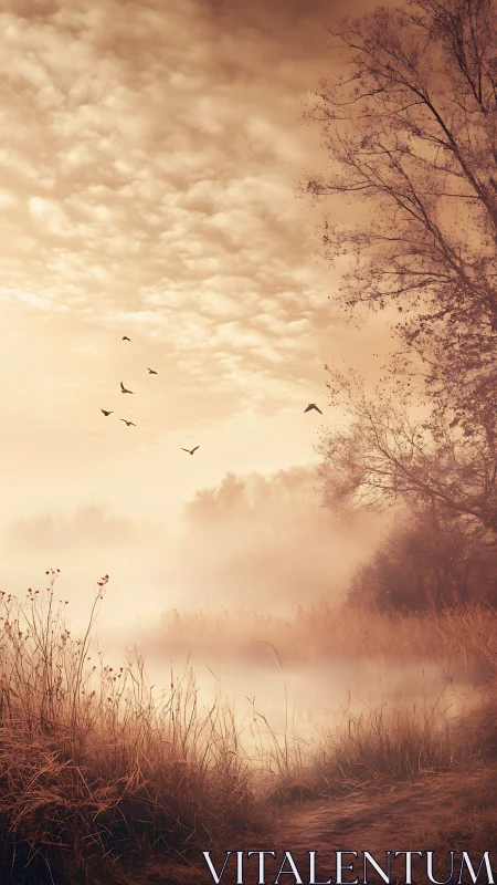 Muted dawn mist braids river reeds with drifting birds