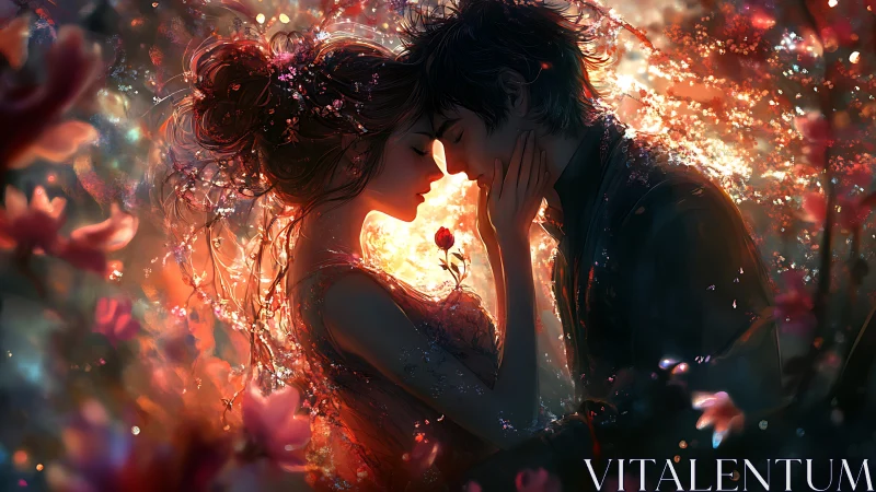 Couple Embraced in Glowing Fiery Light