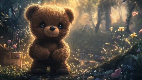 Digital painting of plush teddy bear in luminous forest glade.