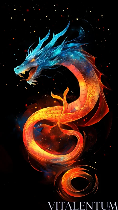 Fiery neon dragon swirling against deep black space.