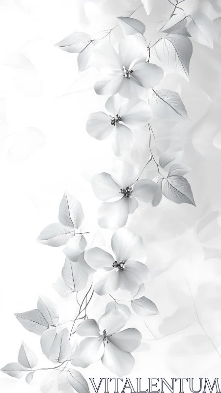 White Flowers with Delicate Leaves Against Soft Gray Background