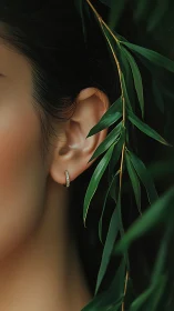 Whispering leaves frame a quiet ear adorned in gold light