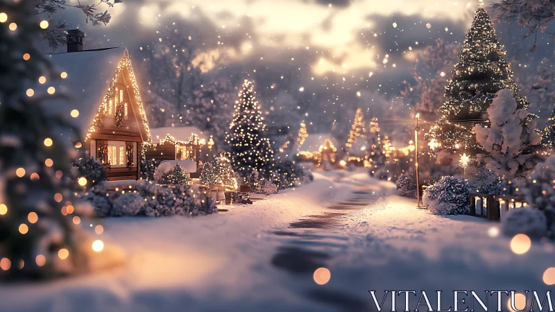Snowy village street glows with warm festive lights at dusk.