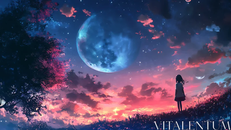 Stargazing girl beneath a blooming twilight cosmos sky.