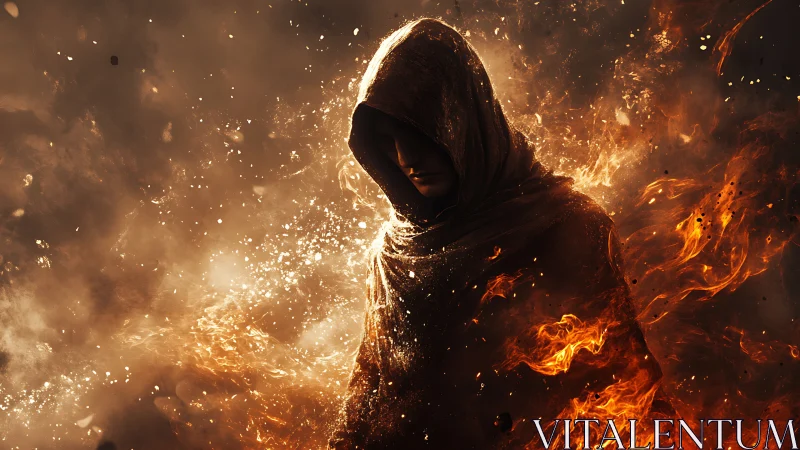 Hooded fire conjurer shrouded in embers and swirling sparks.
