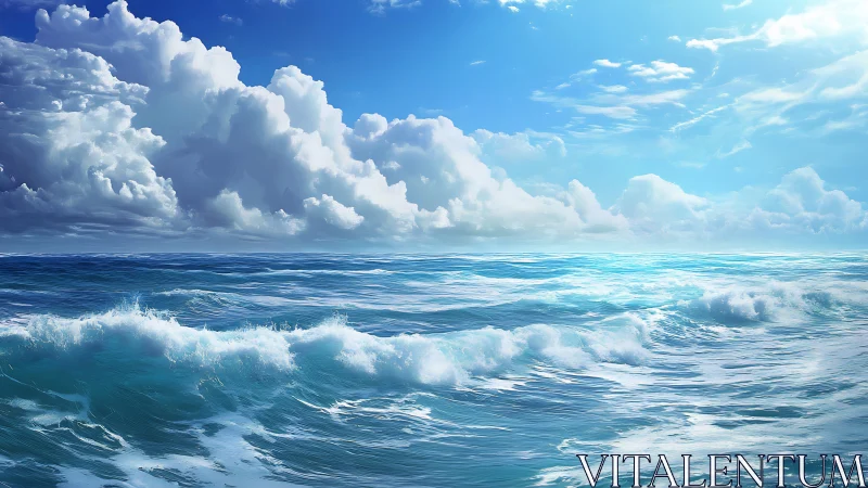 Gentle ocean waves rolling beneath a bright, cloudlit sky.
