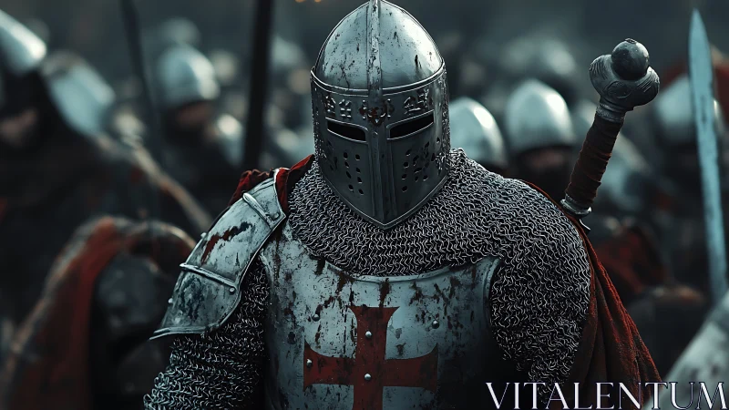Armored knight in chainmail stands amid tightly packed troops