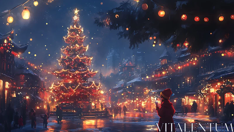 Nighttime winter plaza centers on luminous multilayered Christmas tree