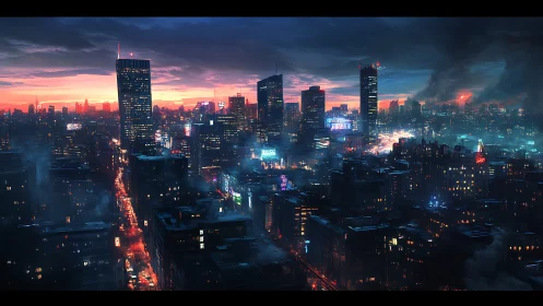 Cyberpunk dusk megacity skyline with neon arterial grid.