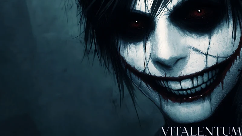 Sinister digital portrait with cracked smile and dark eyes.