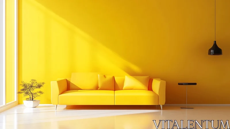 Minimalist yellow sofa against bright yellow wall.