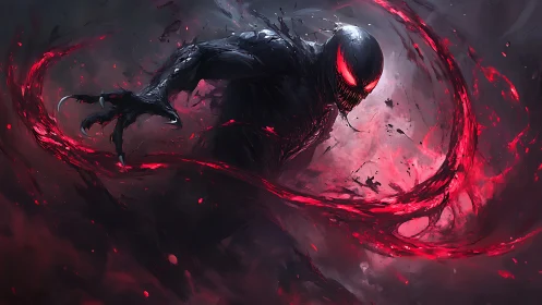 Symbiotic predator amid turbulent crimson energy vortex.