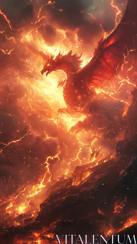 Infernal dragon ascending through erupting volcanic storm.