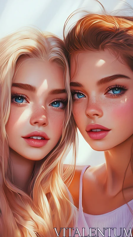 Hyperreal close-up portrait of two blue-eyed freckled girls