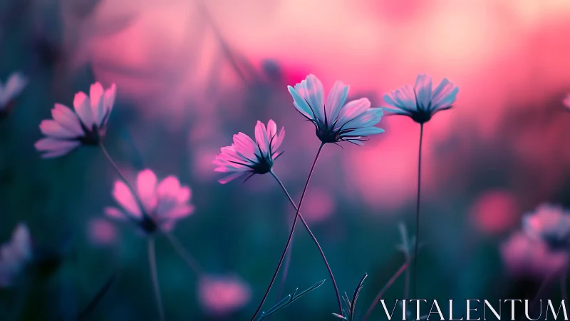 Cosmos Flowers in Pink and Teal Light