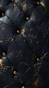Macro view of black tufted leather with distressed gold accents