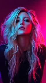 Neon lit portrait of blonde woman with vivid rim lighting.