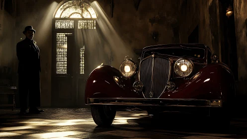 Vintage maroon coupe under noir side lighting in dusty hall.