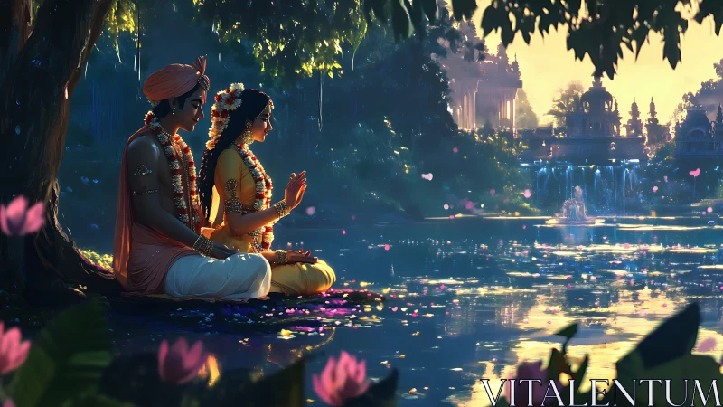 Soft evening devotion unfolds beside a glowing lotus lake