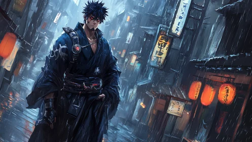 Neo-samurai warrior in rain-soaked cyberpunk alleyway.