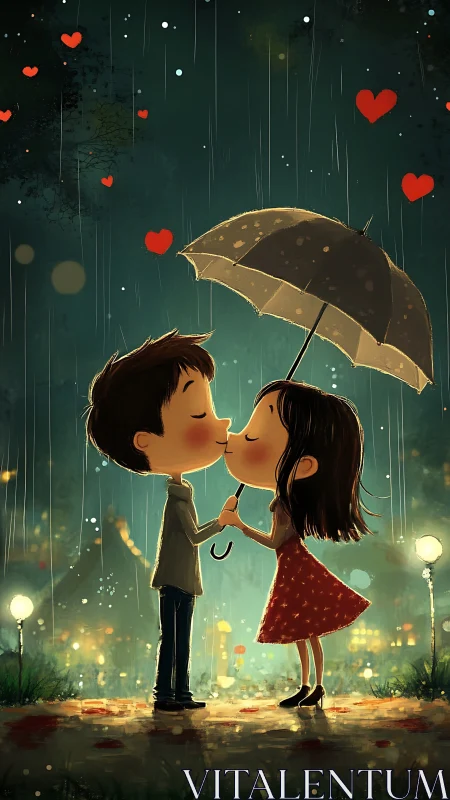 Couple kissing under umbrella in rain with floating hearts.